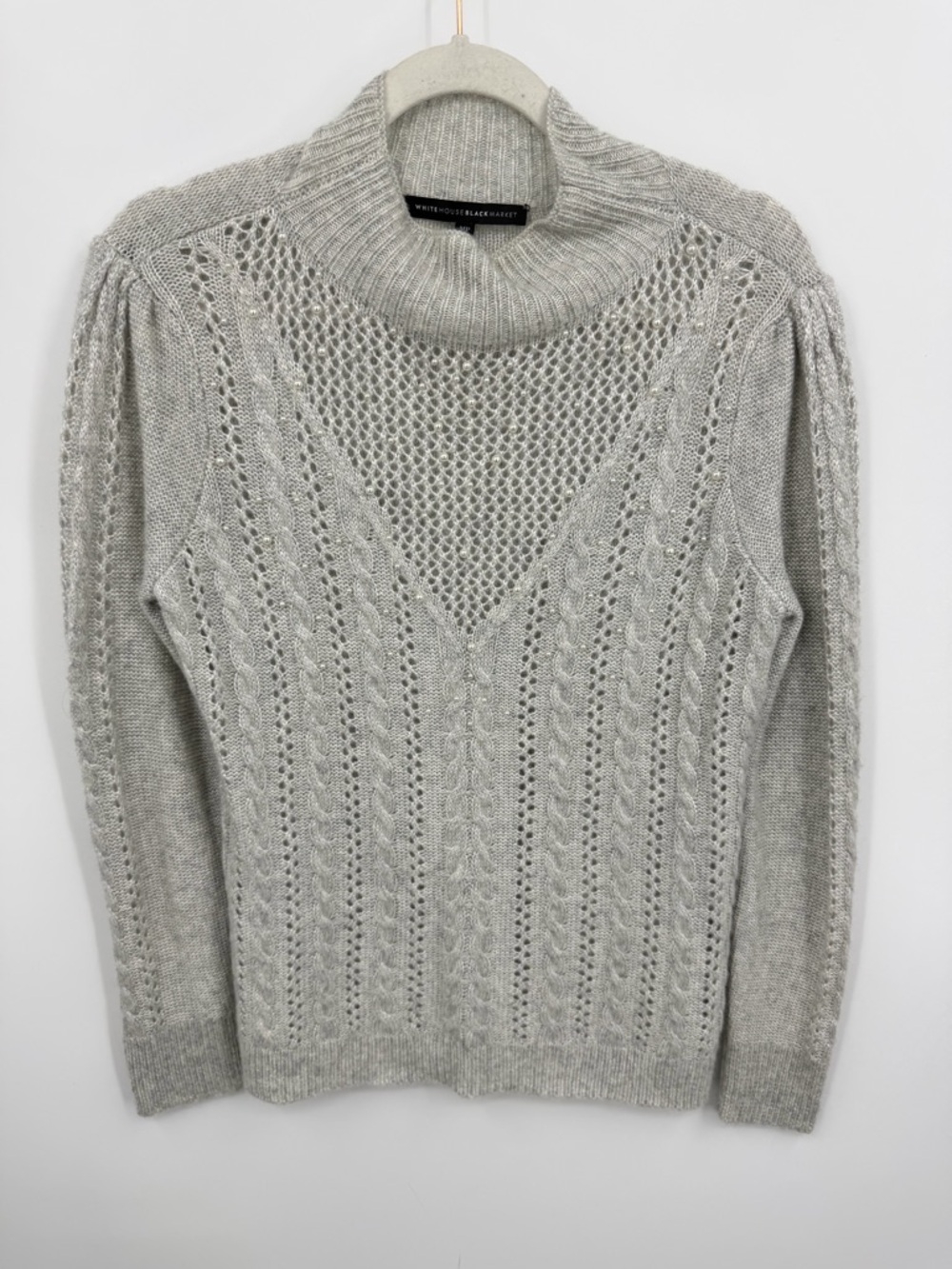 White House Black Market WHBM gray cable-knit sweater faux pearl bead accents MP